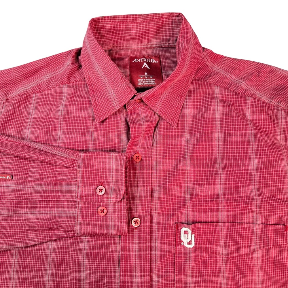 Antigua Oklahoma Sooners Men's Size Medium Red Plaid Button Up Shirt OU Logo